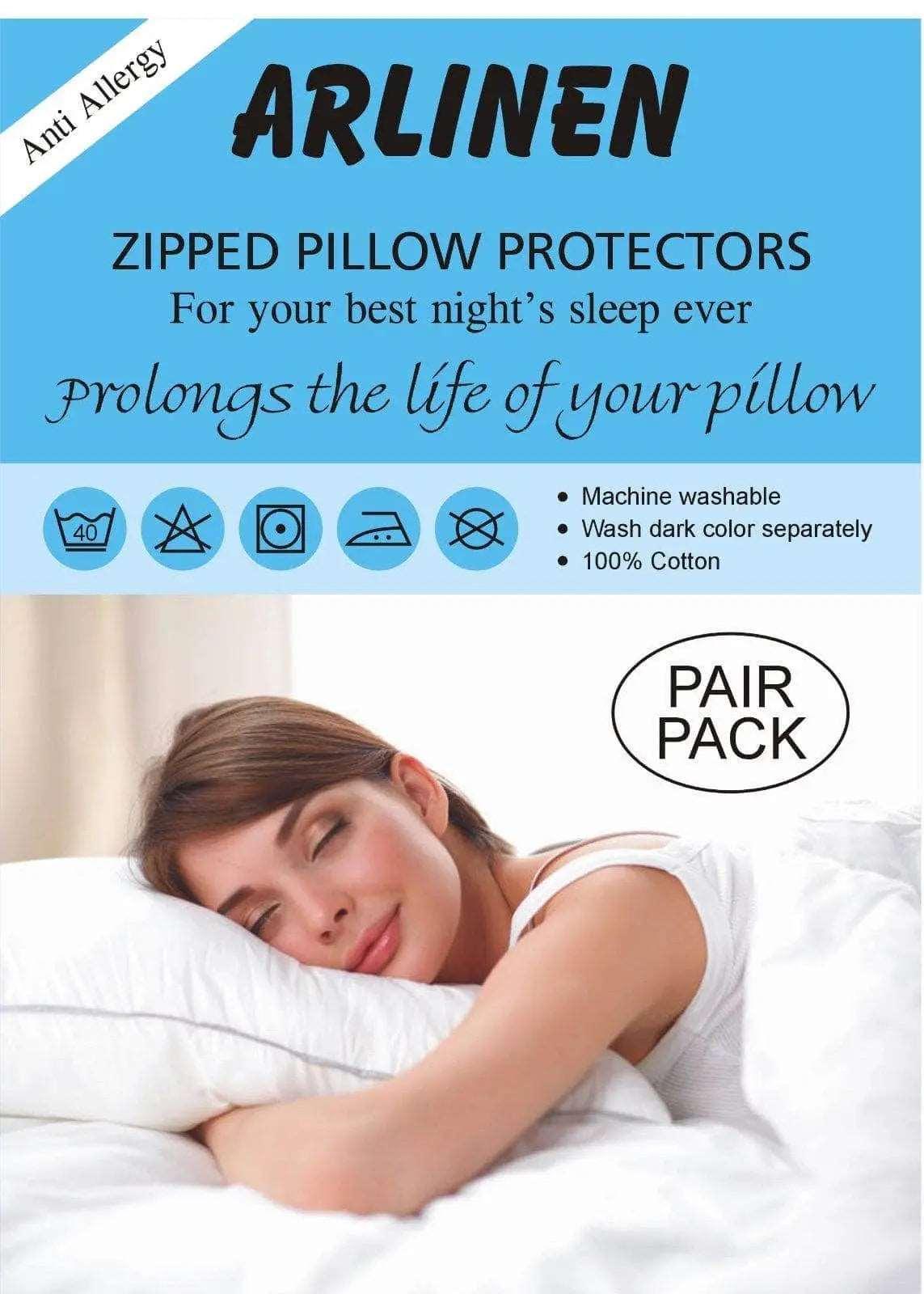 Pair of Pillow Protector Zipped Cotton Cover Washable Anti Allergenic Arlinens