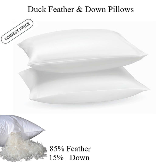 2x Duck Feather Pillows 100% Cotton Cover Hotel Quality Extra Filled Pillow - Arlinens