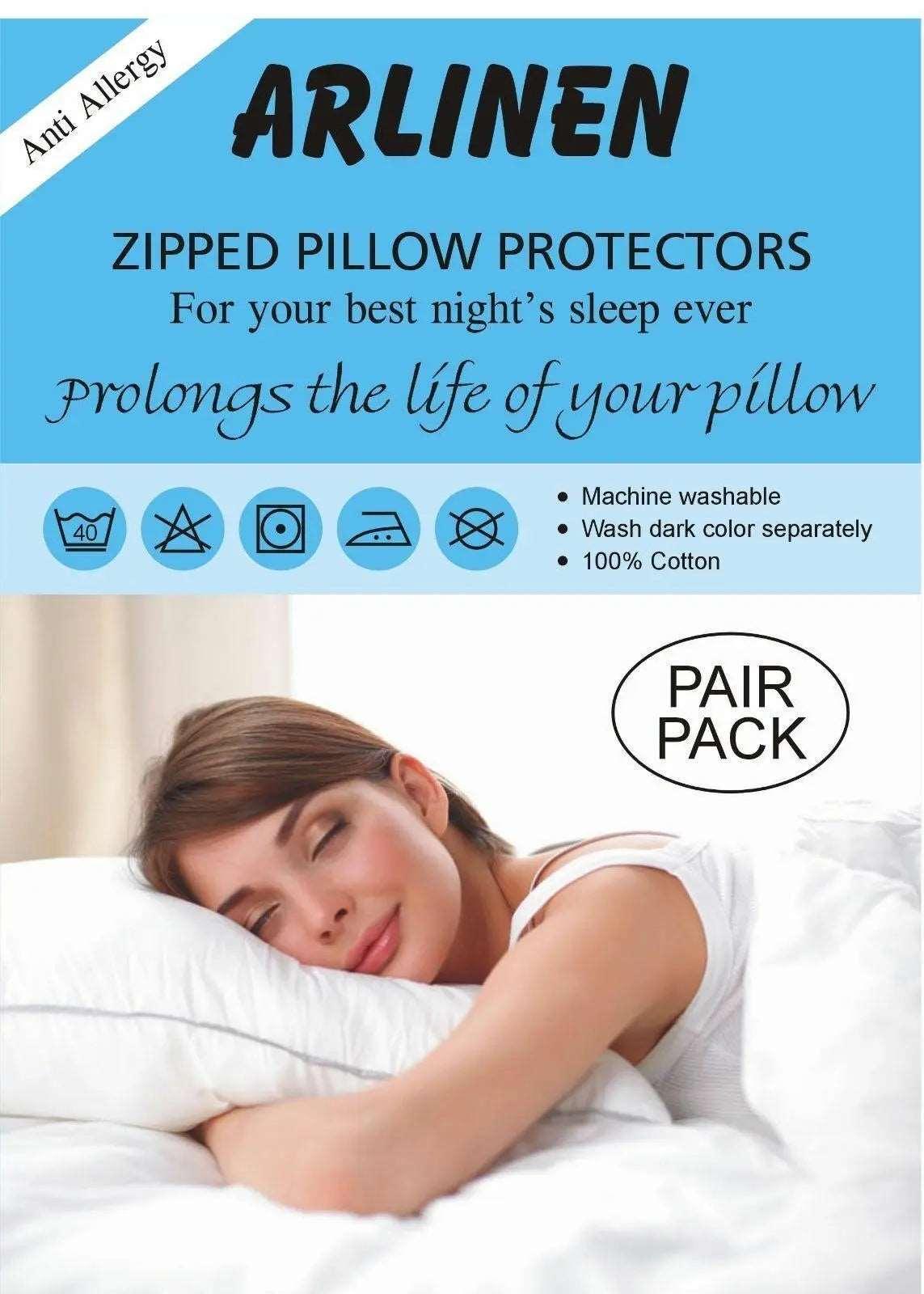 4x 100% Cotton Pillow Protectors Washable Anti allergic Zipped Entry 74x48cm - Arlinens