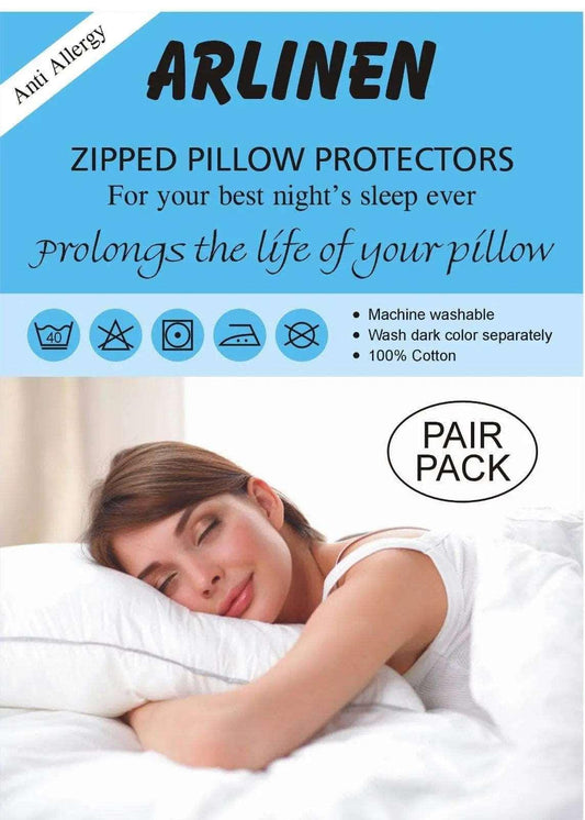 Pair of Pillow Protector Zipped Cotton Cover Washable Anti - Allergenic White Protector - Arlinens